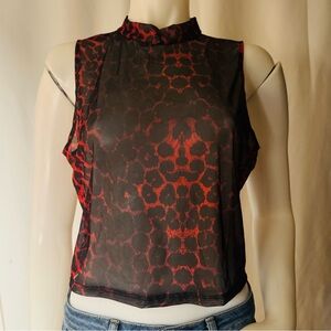 Red & Black Sheer Animal-Print Mock Neck Camisole Top